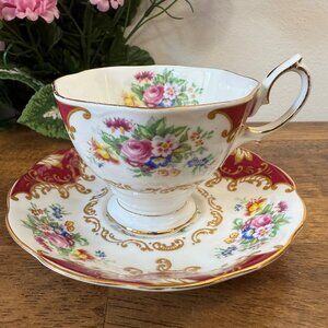 Royal Albert Canterbury Malvern Cup Saucer Pink Cabbage Rose Burgundy‎ Floral